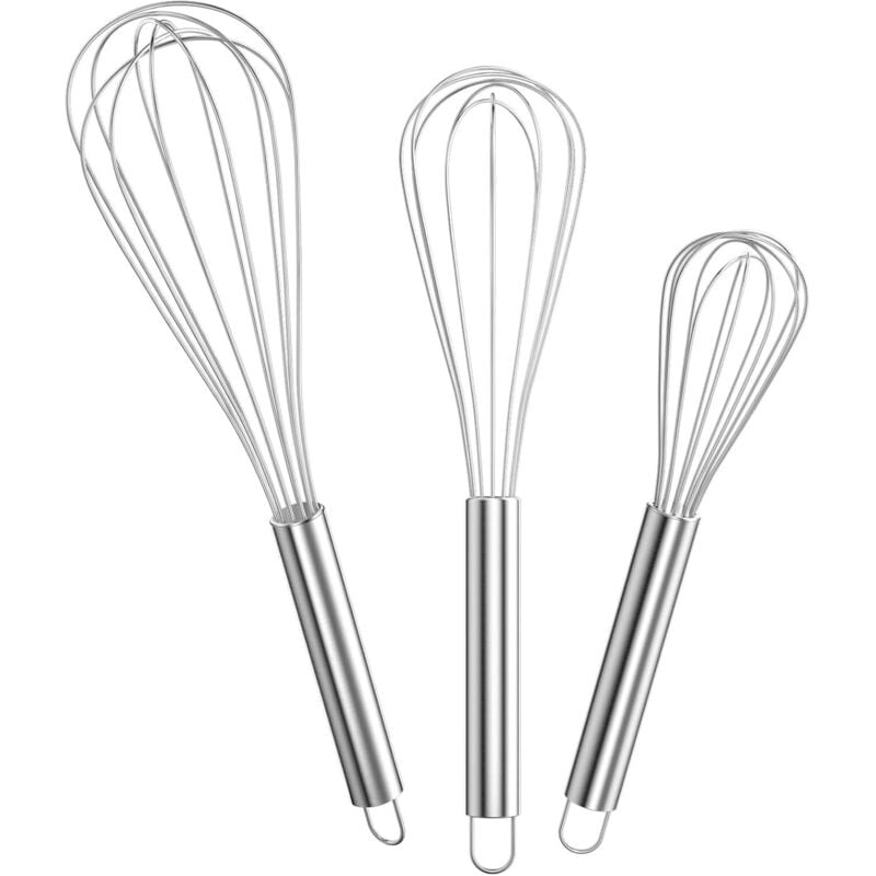 Professional Stainless Steel Kitchen Whisk, 3-Piece Manual Egg Beater Set (15.8cm, 21.8cm, 25.3cm), Whisk for Mixing, Stirring Batter, Eggs, Foaming,