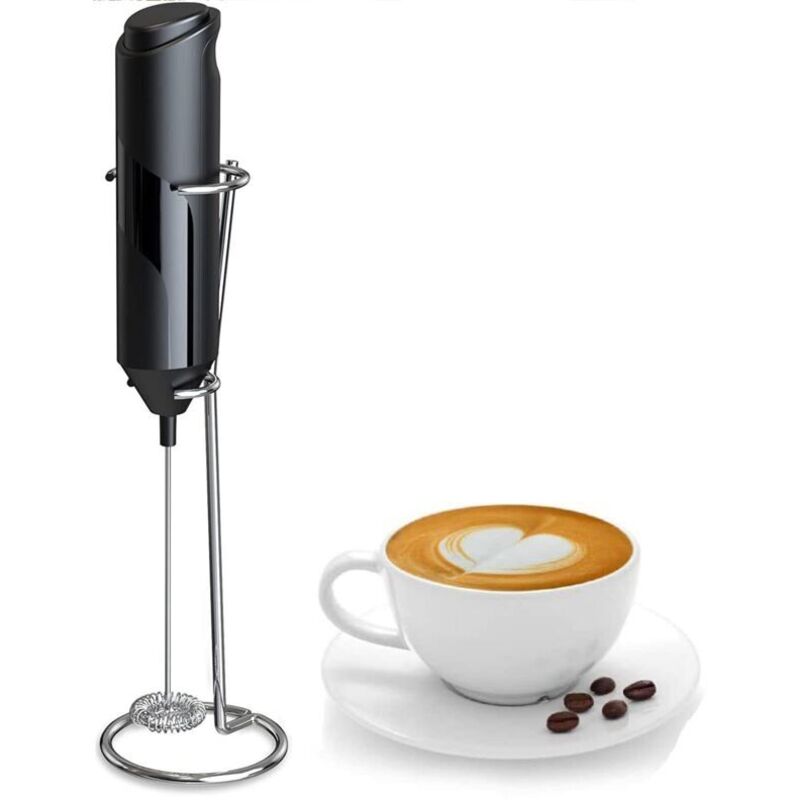 Milk Frother with Stand, Portable Drink Mixer for Latte, Cappuccino, Matcha and Hot Chocolate (Black)